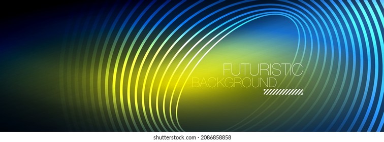 Dark abstract background with glowing neon circles. Trendy layout template for business or technology presentation, internet poster or web brochure cover, wallpaper