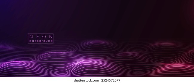 Dark abstract background with glowing neon waves. Shiny moving lightning lines design element. Modern purple blue red gradient flowing wave lines. Futuristic technology concept.