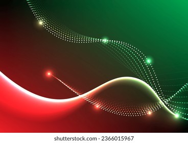 Dark abstract background with glowing wave. Shiny moving lines and dots design element. Modern green and red  gradient flowing wave lines. Bio technology concept. Vector illustration