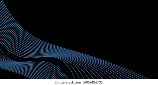 Dark abstract background with glowing wave. Shiny moving lines design element. Modern purple blue gradient flowing wave lines.	