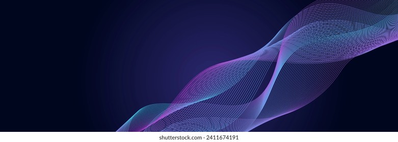 Dark abstract background with glowing wave. Shiny moving lines design element. Modern purple blue gradient flowing wave lines. Futuristic technology concept. Vector illustration