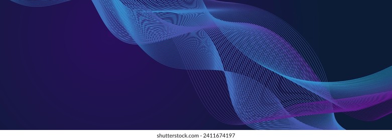 Dark abstract background with glowing wave. Shiny moving lines design element. Modern purple blue gradient flowing wave lines. Futuristic technology concept. Vector illustration