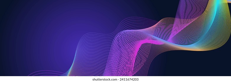Dark abstract background with glowing wave. Shiny moving lines design element. Modern purple blue gradient flowing wave lines. Futuristic technology concept. Vector illustration