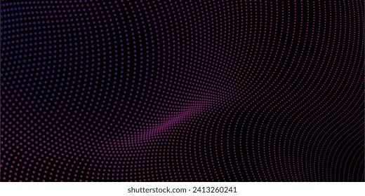 Dunkler abstrakter Hintergrund mit glühender Welle. Das Design-Element glänzender beweglicher Linien. Moderne violette blaue Farbverlauf-Wellenlinien. Futuristisches Technologiekonzept. Vektor-Punkte-Halbierung der dynamischen Künste