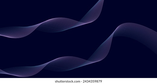 Dark abstract background with glowing wave. Shiny moving lines design element. Modern purple blue gradient flowing wave lines. Futuristic technology concept. 