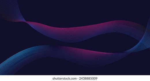 Dark abstract background with glowing wave. Shiny moving lines design element. Modern purple blue gradient flowing wave lines.