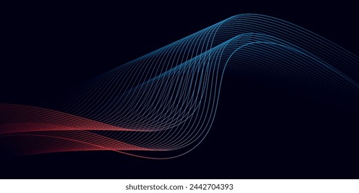 Dark abstract background with glowing wave. Shiny moving lines design element. Elegant dynamic wavy lines. Modern futuristic technology concept. Vector