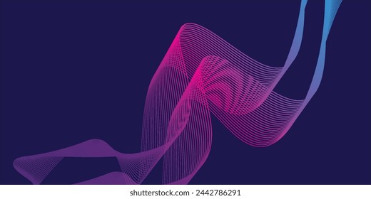 Fondo abstracto oscuro con onda brillante. Elemento de diseño de líneas móviles brillantes. Modernas líneas onduladas fluidas de gradiente azul púrpura. ilustración vectorial