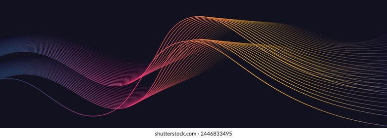 Dark abstract background with glowing wave. Shiny moving lines design element. Modern purple blue gradient flowing wave lines. Futuristic technology concept. Vector