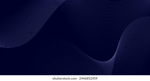 Dark abstract background with glowing wave. Shiny moving lines design element. Modern purple blue gradient flowing wave lines.