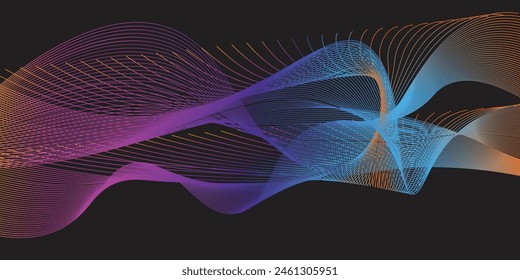 Dark abstract background with glowing wave. Shiny moving lines design element. Modern purple blue gradient flowing wave lines. Futuristic technology concept. Vector illustration
