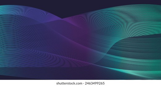 Dark abstract background with glowing wave. Shiny moving lines design element. Modern purple blue gradient flowing wave lines. Futuristic technology concept. Vector illustration