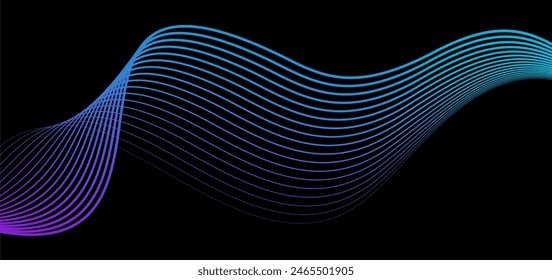 Dark abstract background with glowing wave. Shiny moving lines design element. Modern purple blue gradient flowing wave lines	