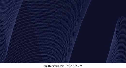 Dark abstract background with glowing wave. Shiny moving lines design element. Modern purple blue gradient flowing wave lines.