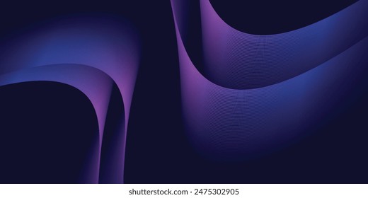 Dark abstract background with glowing wave. Shiny moving lines design element. Modern purple blue gradient flowing wave lines.