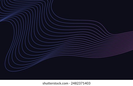 Dark abstract background with glowing wave. Shiny moving lines design element. Modern purple blue gradient flowing wave lines. Futuristic technology concept. Vector illustration