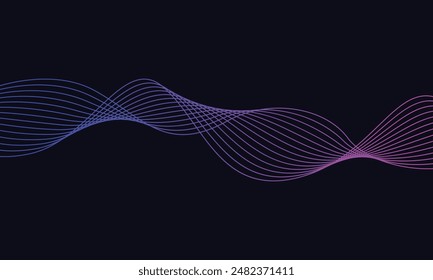 Dark abstract background with glowing wave. Shiny moving lines design element. Modern purple blue gradient flowing wave lines. Futuristic technology concept. Vector illustration