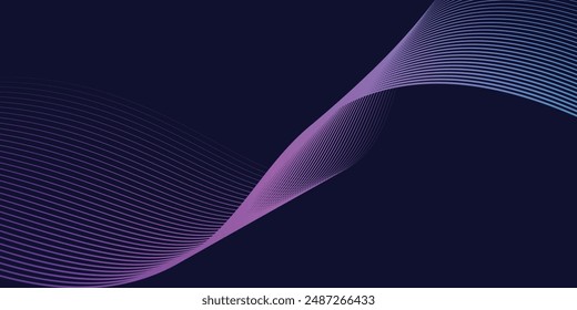 Dark abstract background with glowing wave. Shiny moving lines design element. Modern purple blue gradient flowing wave lines. Futuristic technology concept. Vector 