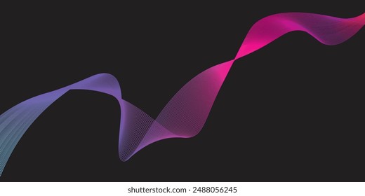 Dark abstract background with glowing wave. Shiny moving lines design element. Modern purple blue gradient flowing wave lines.
