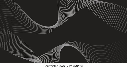 Fondo abstracto oscuro con onda brillante. Elemento de diseño de líneas móviles brillantes. Modernas líneas onduladas fluidas en gradiente blanco y negro. Concepto de tecnología futurista. Ilustración vectorial