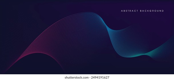 Dark abstract background with glowing wave. Shiny moving lines design element. Modern purple blue gradient flowing wave lines. Futuristic technology concept. Vector illustration