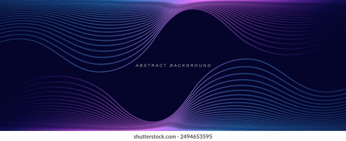 Dark abstract background with glowing wave. Shiny moving lines design element. Modern purple blue gradient flowing wave lines. Futuristic technology concept. Vector illustration