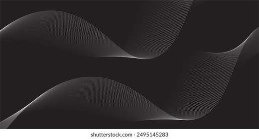Dark abstract background with glowing wave. Shiny moving lines design element. Modern black white gradient flowing wave lines. Futuristic technology concept. 