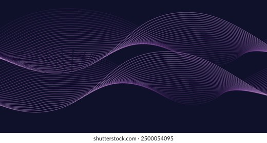 Dark abstract background with glowing wave. Shiny moving lines design element. Modern purple blue gradient flowing wave lines. Futuristic technology concept. ps 10