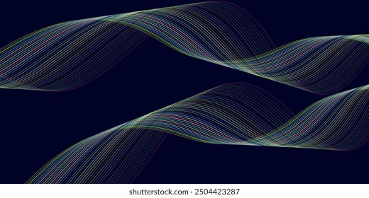 Dark abstract background with glowing wave. Shiny moving lines design element. Modern purple blue gradient flowing wave lines. Futuristic technology concept.
