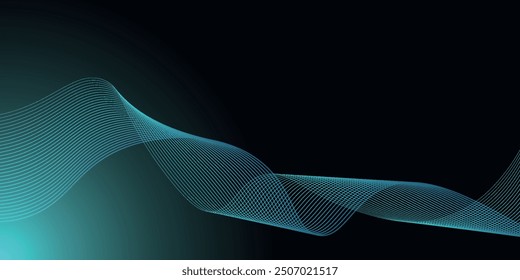 Dark abstract background with glowing wave. Shiny moving lines design element. Modern purple blue gradient flowing wave lines. Futuristic technology concept.