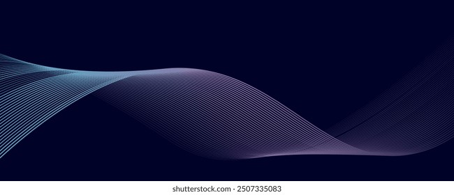 Dark abstract background with glowing wave. Shiny moving lines design element. Modern purple blue gradient flowing wave lines. Futuristic technology concept. Vector illustration