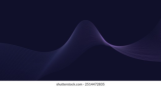 Dark abstract background with glowing wave. Shiny moving lines design element. Modern purple blue gradient flowing wave lines. Futuristic technology concept. 