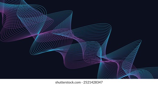 Dark abstract background with glowing wave. Shiny moving lines design element. Modern purple blue gradient flowing wave lines
