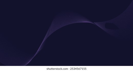 Dark abstract background with glowing wave. Shiny moving lines design element. Modern purple blue gradient flowing wave lines.