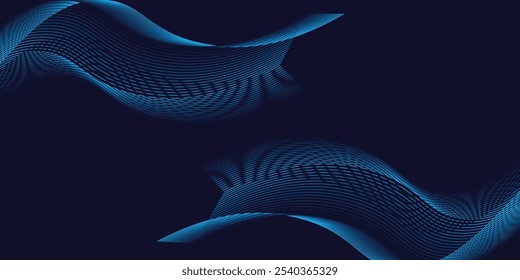 Dark abstract background with glowing wave. Shiny moving lines design element. Modern purple blue gradient flowing wave lines.