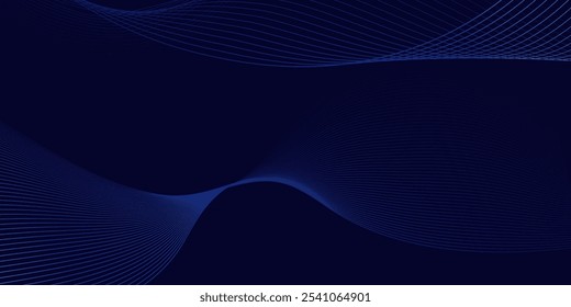 Dark abstract background with glowing wave. Shiny moving lines design element. Modern purple blue gradient flowing wave lines. Futuristic