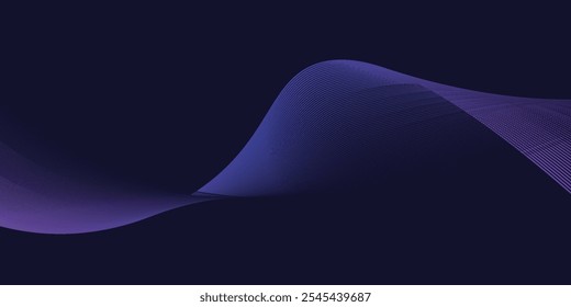 Dark abstract background with glowing wave. Shiny moving lines design element. Modern purple blue gradient flowing wave lines.