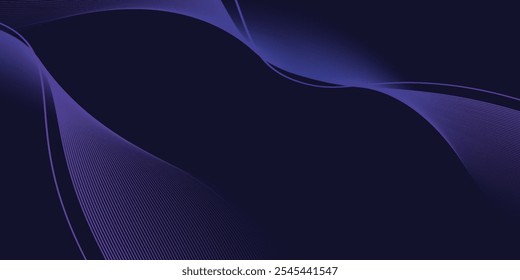 Fundo abstrato escuro com onda brilhante. Elemento de design de linhas móveis brilhantes. Moderno roxo azul gradiente fluindo linhas de onda.