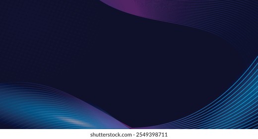Fundo abstrato escuro com onda brilhante. Elemento de design de linhas móveis brilhantes. Moderno roxo azul gradiente fluindo linhas de onda. Conceito de tecnologia futurista. Ilustração vetorial