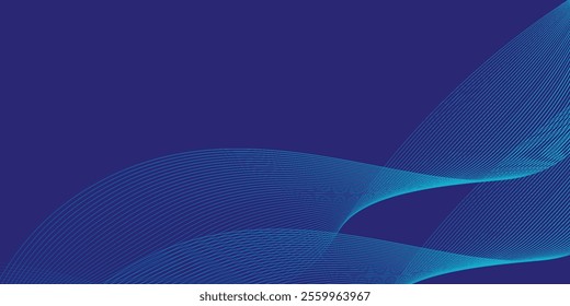Dark abstract background with glowing wave. Shiny moving lines design element. Modern purple blue gradient flowing wave lines. Futuristic technology concept.