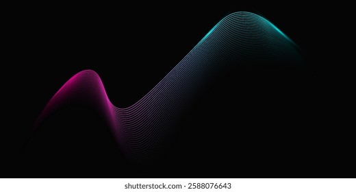 Dark abstract background with glowing wave. Shiny moving lines design element. Modern purple blue gradient flowing wave lines. Futuristic technology concept. eps10