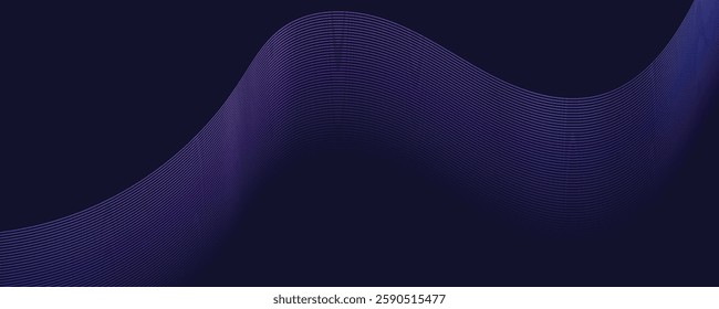 Dark abstract background with glowing wave. Shiny moving lines design element. Modern purple blue gradient flowing wave lines.