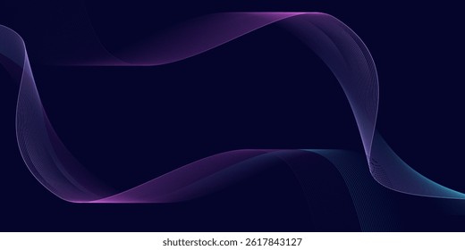 Dark abstract background with glowing wave. Shiny moving lines design element. Modern purple blue gradient flowing wave lines. Futuristic technology concept. Vector illustration