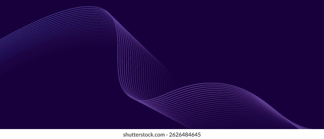 Fundo abstrato escuro com onda brilhante. Elemento de design de linhas móveis brilhantes. Moderno roxo azul gradiente fluindo linhas de onda.