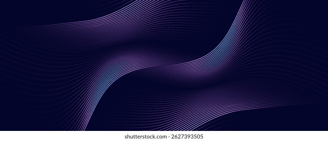 Dark abstract background with glowing wave. Shiny moving lines design element. Modern purple blue gradient flowing wave lines. Futuristic technology concept
