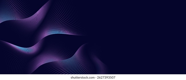 Dark abstract background with glowing wave. Shiny moving lines design element. Modern purple blue gradient flowing wave lines. Futuristic technology concept