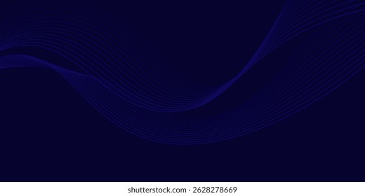 Dark abstract background with glowing wave. Shiny moving lines design element. Modern purple blue gradient flowing wave lines. Futuristic technology concept. Vector illustration