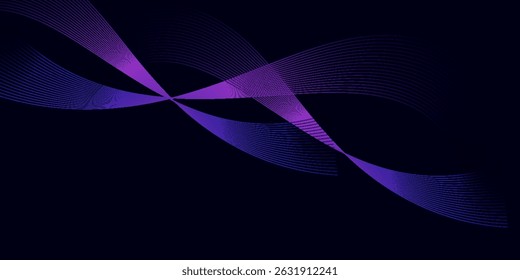 Dark abstract background with glowing wave. Shiny moving lines design element. Modern purple blue gradient flowing wave lines. eps 10