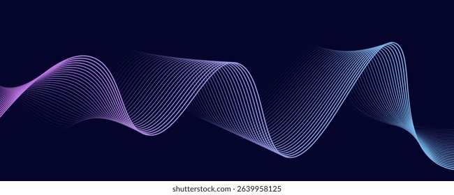 Dark abstract background with glowing wave. Shiny moving lines design element. Modern purple blue gradient flowing wave lines. Futuristic technology concept. Vector illustration