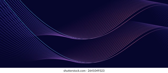 Dark abstract background with glowing wave. Shiny moving lines design element. Modern purple blue gradient flowing wave lines. Futuristic technology concept. Vector illustration. eps 10